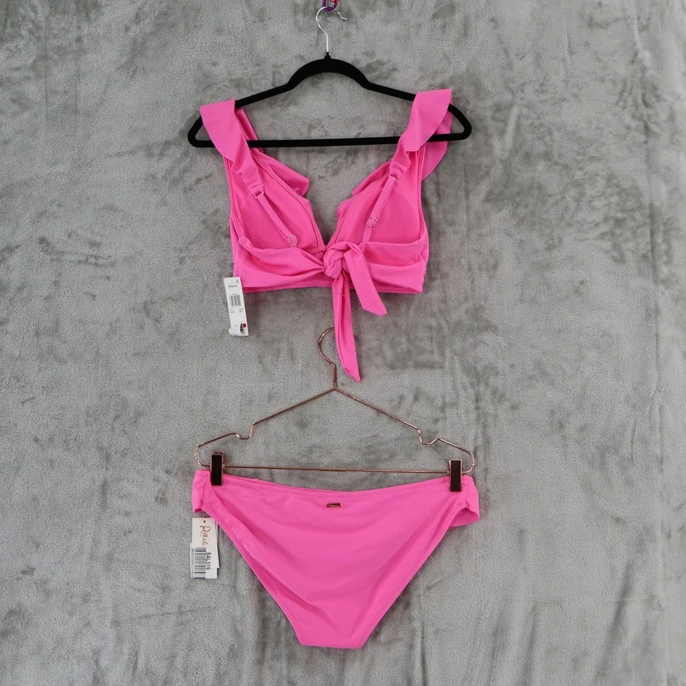 Raisins‎ Canne Bikini Set Women Large Pink Ruffle V-Neck $96 Resort Cruise NWT
